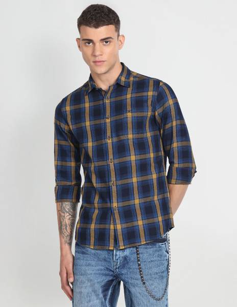 FLYING MACHINE Men Checkered Casual Dark Blue, Blue, Yellow Shirt