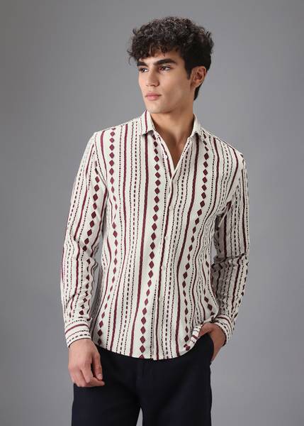 Banana Club Men Self Design Casual Maroon, White Shirt
