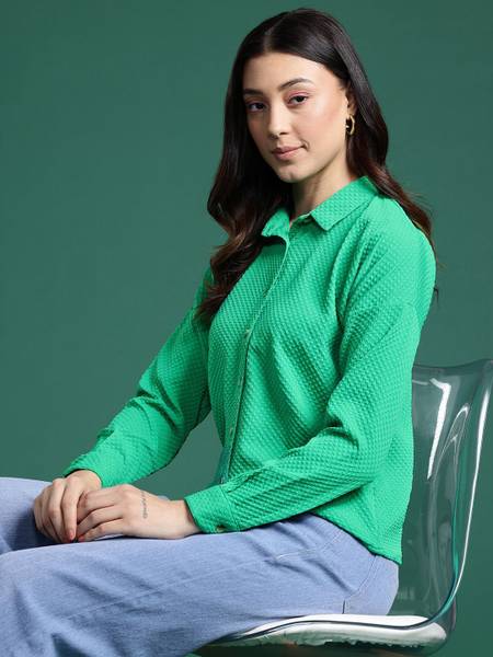 Dressberry Women Self Design Casual Green Shirt