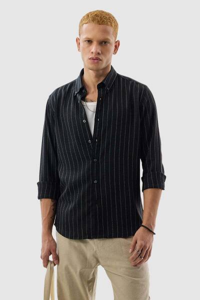 Snitch Men Striped Casual Black Shirt