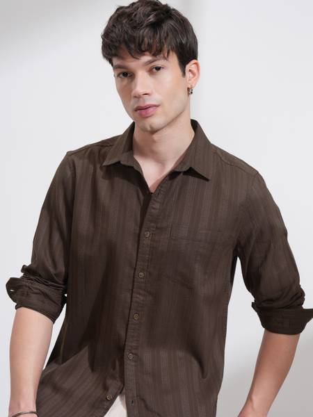 HIGHLANDER Men Self Design Casual Brown Shirt