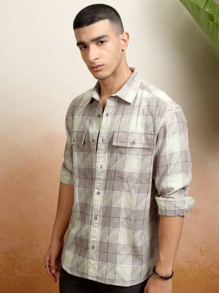 HIGHLANDER Men Checkered Casual Khaki Shirt