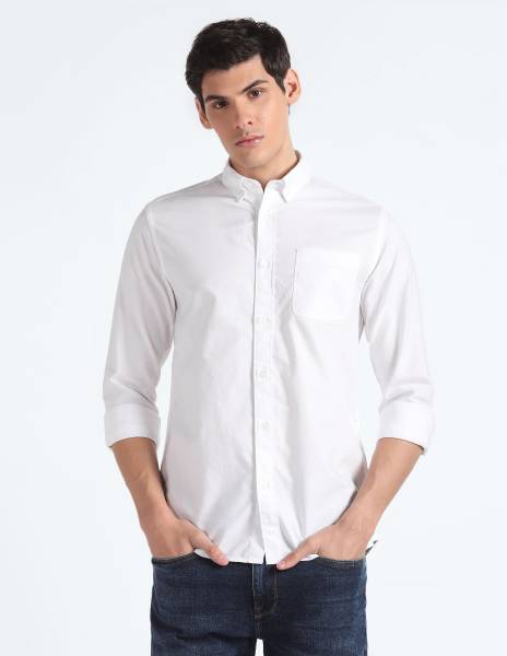 FLYING MACHINE Men Solid Casual White Shirt