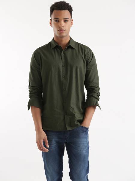 WROGN Men Solid Casual Dark Green Shirt