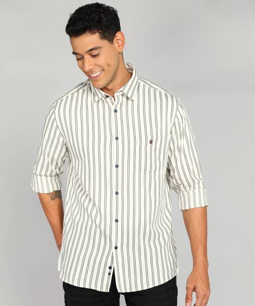 Louis Philippe Sport Men Striped Casual Cream Shirt
