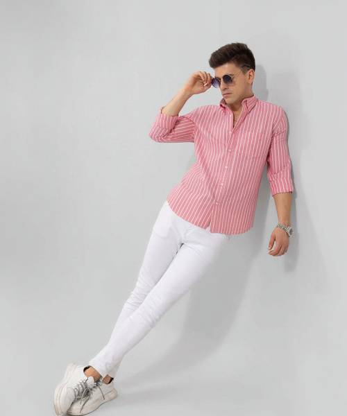 U TURN Men Striped Casual Pink Shirt