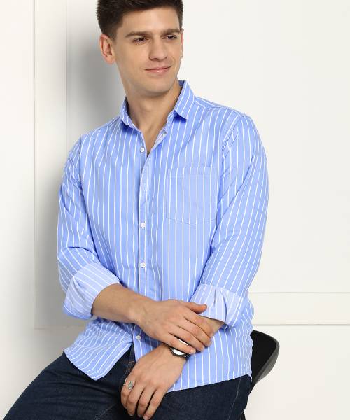 Jai Textiles Men Striped Casual Blue Shirt
