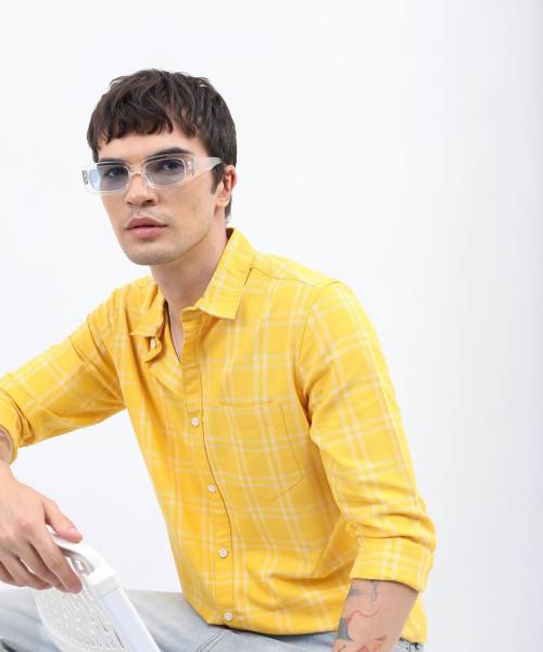 HIGHLANDER Men Checkered Casual Yellow Shirt