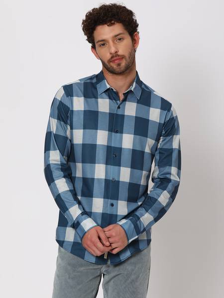 MUFTI Men Checkered Casual Blue Shirt
