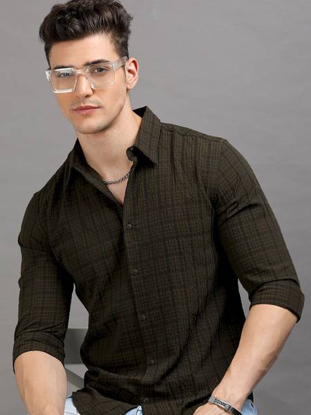 HERE&NOW Men Checkered Casual Dark Green Shirt