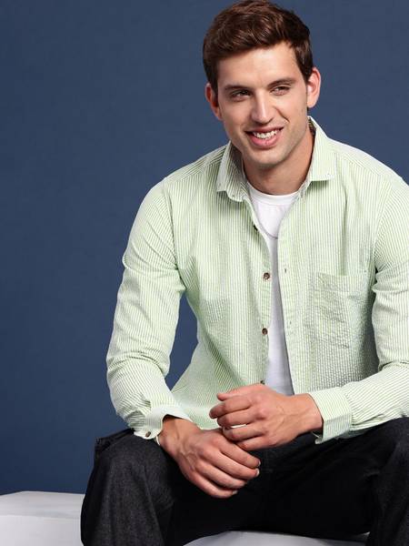 Mast & Harbour Men Striped Casual Green Shirt