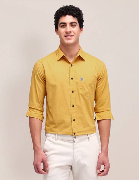 U.S. POLO ASSN. Men Solid Casual Gold Shirt