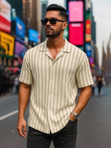 MANIAC Men Striped Casual Beige Shirt