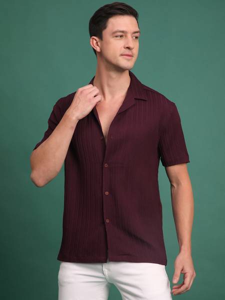 Voroxy Men Self Design Casual Maroon Shirt