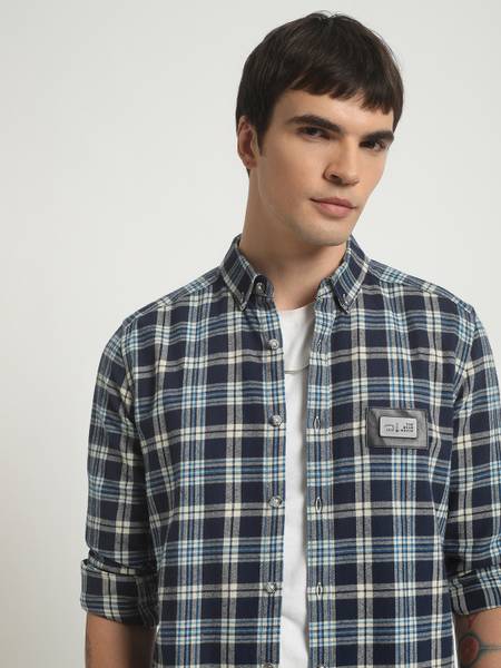 THE BEAR HOUSE Men Checkered Casual Dark Blue, Grey, Blue Shirt