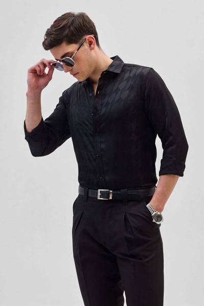 Snitch Men Self Design Casual Black Shirt