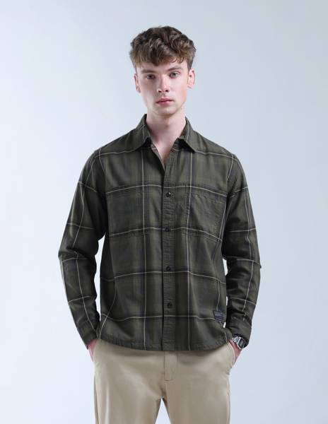 FLYING MACHINE Men Checkered Casual Green Shirt
