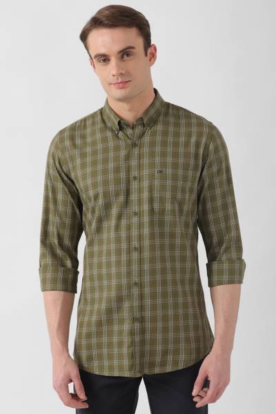 PETER ENGLAND Men Checkered Casual Green Shirt