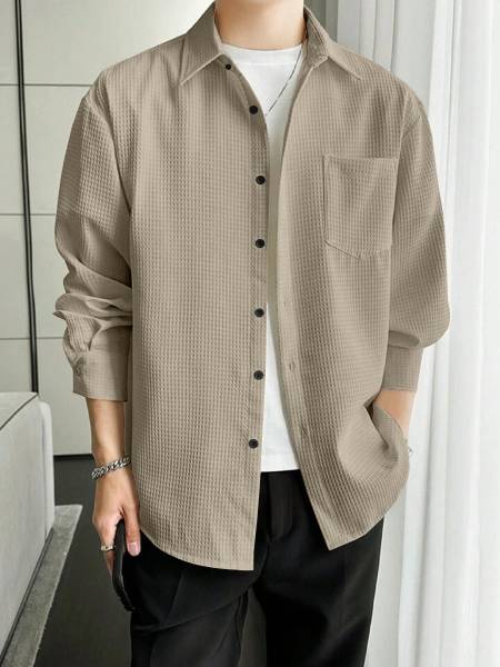 Lovingvibe Creation Men Self Design Casual Grey Shirt