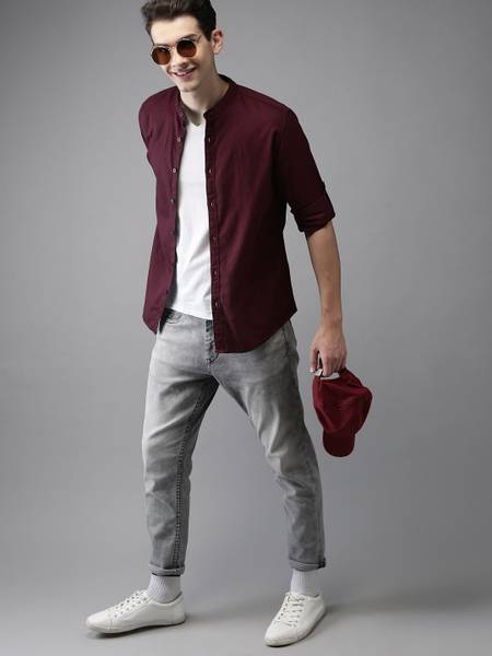 HERE&NOW Men Solid Casual Maroon Shirt