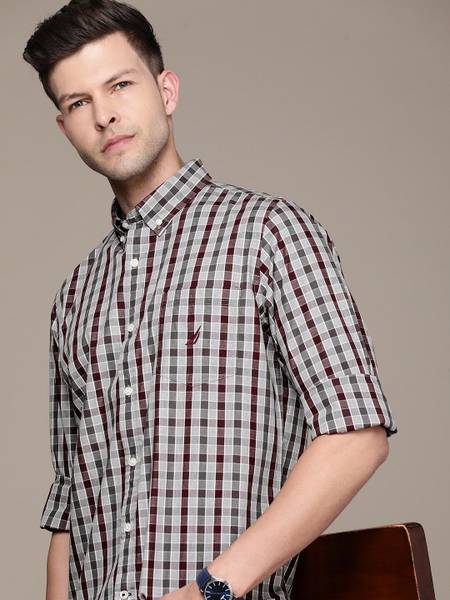 NAUTICA Men Checkered Casual Grey, Maroon Shirt