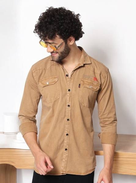 Double One Men Solid Casual Beige Shirt