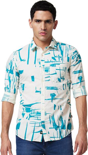 Spykar Men Printed Casual Light Blue, White Shirt