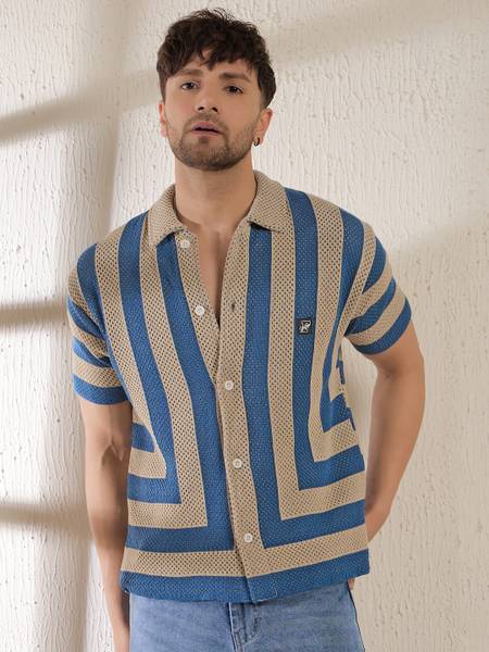 FUGAZEE Men Striped Casual Beige, Dark Blue Shirt