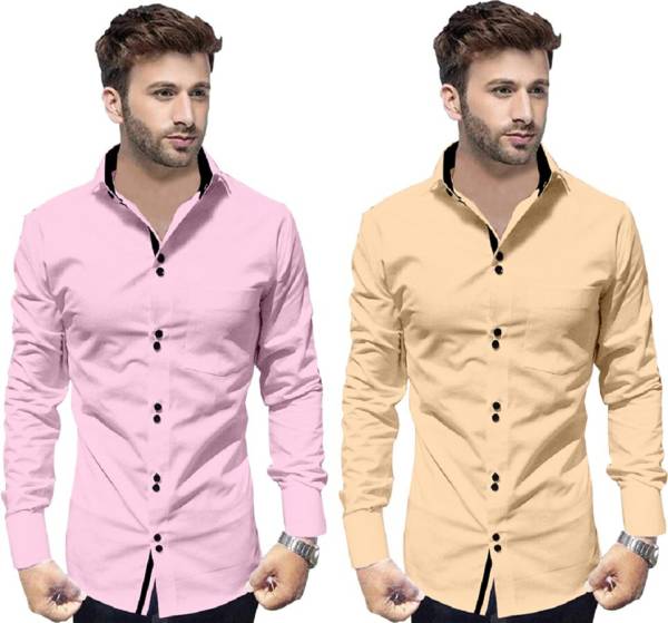 P & V Creations Men Solid Casual Pink, Beige Shirt