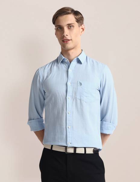 U.S. POLO ASSN. Men Solid Casual Blue Shirt