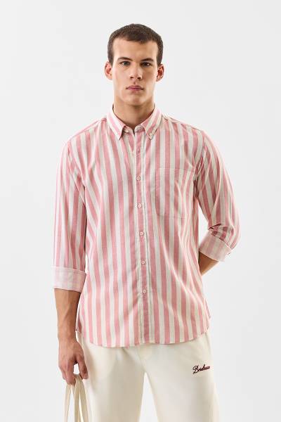 Snitch Men Striped Casual Pink Shirt