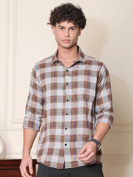 Tanip Men Checkered Casual Brown Shirt