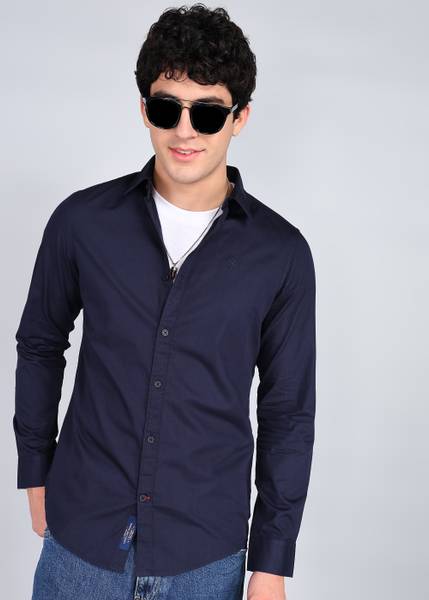 BEING HUMAN Men Solid Casual Dark Blue Shirt