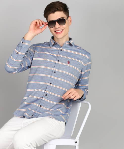 U.S. POLO ASSN. Men Striped Casual Light Blue Shirt