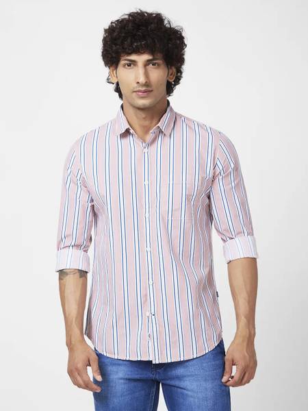 Spykar Men Striped Casual Pink, Dark Blue, White Shirt