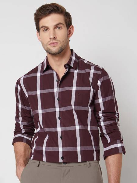 MUFTI Men Checkered Casual Maroon, White Shirt