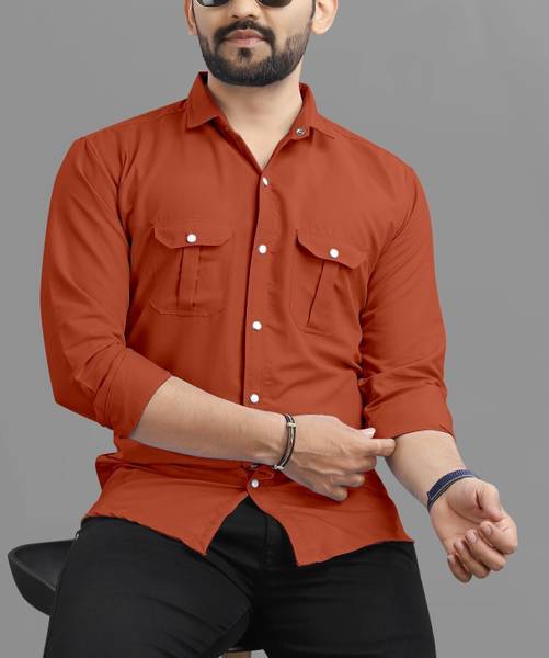 USONA Men Solid Casual Orange Shirt