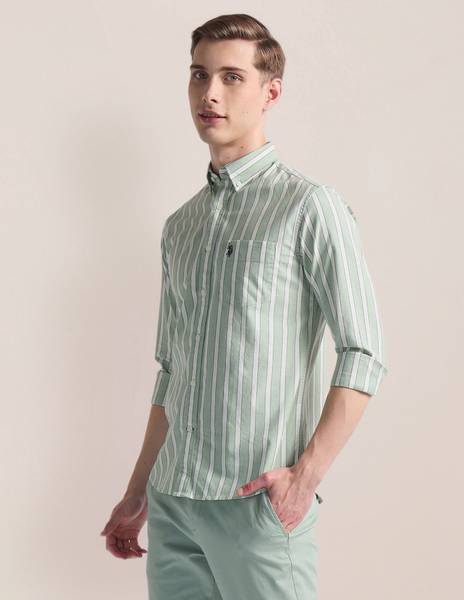 U.S. POLO ASSN. Men Striped Casual Light Green, White, Black Shirt