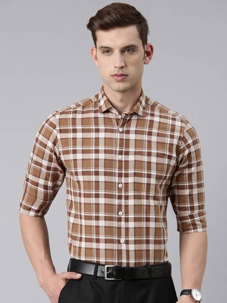 5TH ANFOLD Men Checkered Formal Brown, White Shirt