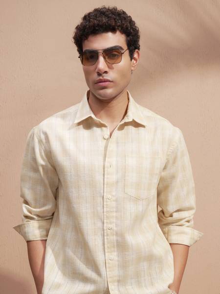 HIGHLANDER Men Self Design Casual Yellow Shirt