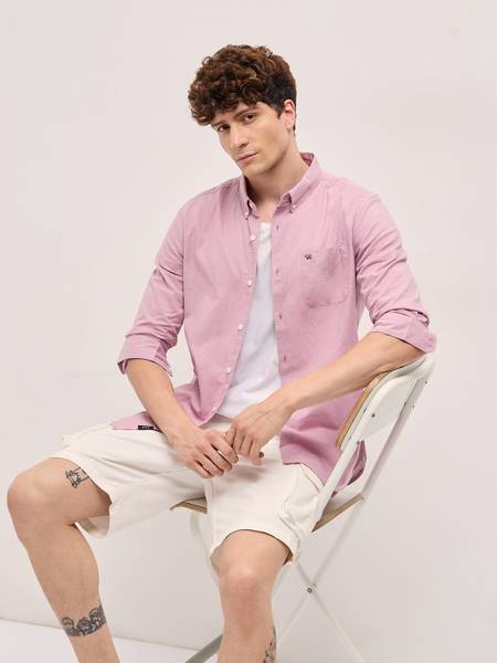THE BEAR HOUSE Men Solid Casual Pink Shirt