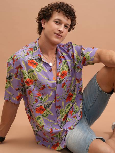 KETCH Men Printed Casual Purple Shirt