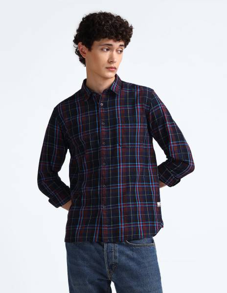 FLYING MACHINE Men Checkered Casual Blue Shirt