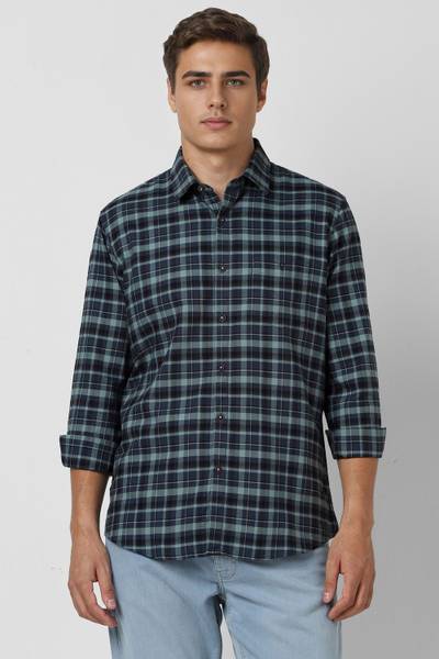 VAN HEUSEN Men Checkered Casual Dark Blue Shirt
