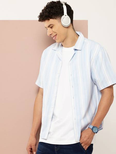 HARVARD Men Striped Casual White, Light Blue Shirt