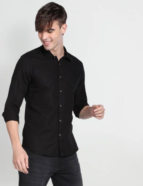 FLYING MACHINE Men Solid Casual Black Shirt