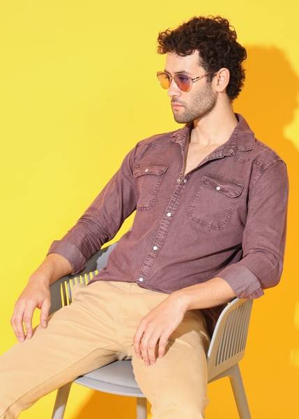 Double One Men Washed Casual Maroon Shirt
