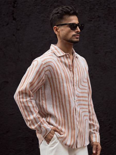 Powerlook Men Striped Casual Brown, White Shirt