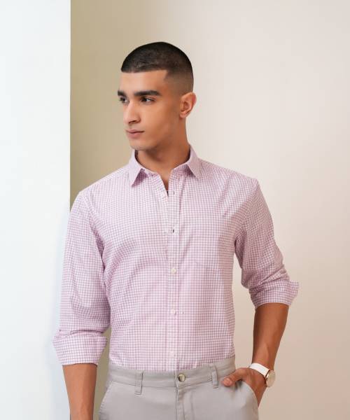 HIGHLANDER Men Checkered Formal Pink Shirt