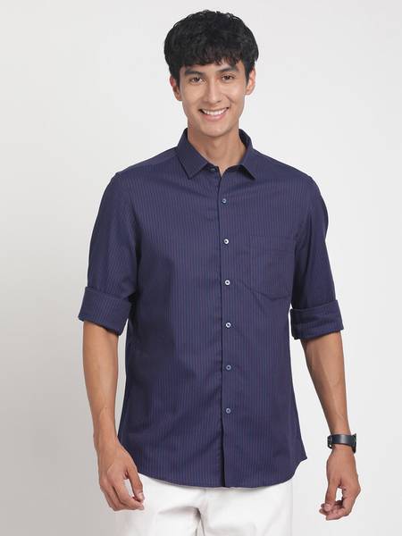 TURTLE Men Striped Casual Dark Blue Shirt